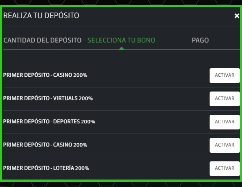 Selección del bono disponible